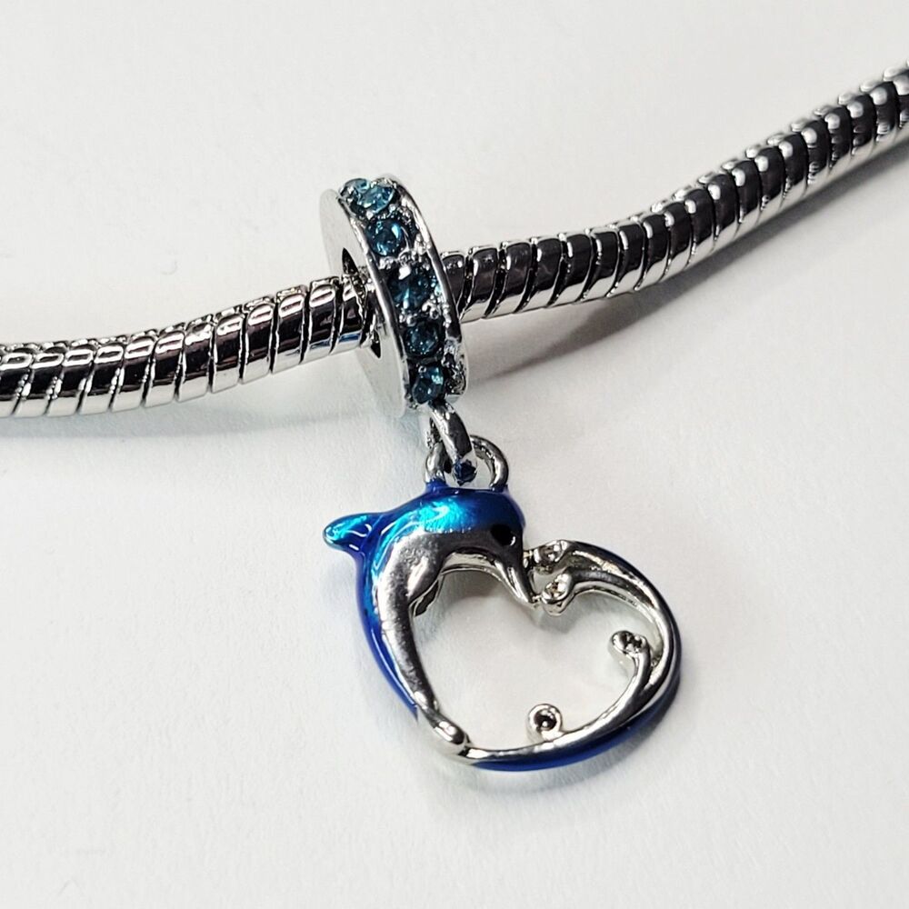 NWT For Pandora Charm Bracelets Silver And Blue Rhinestones Dolphin Heart Dangle